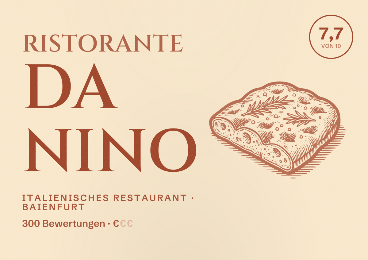 Illustriertes Poster von Ristorante Da Nino, Italienisches Restaurant in Baienfurt: Bewertung 7,7 von 10 aus 300 Bewertungen, Preisniveau €
