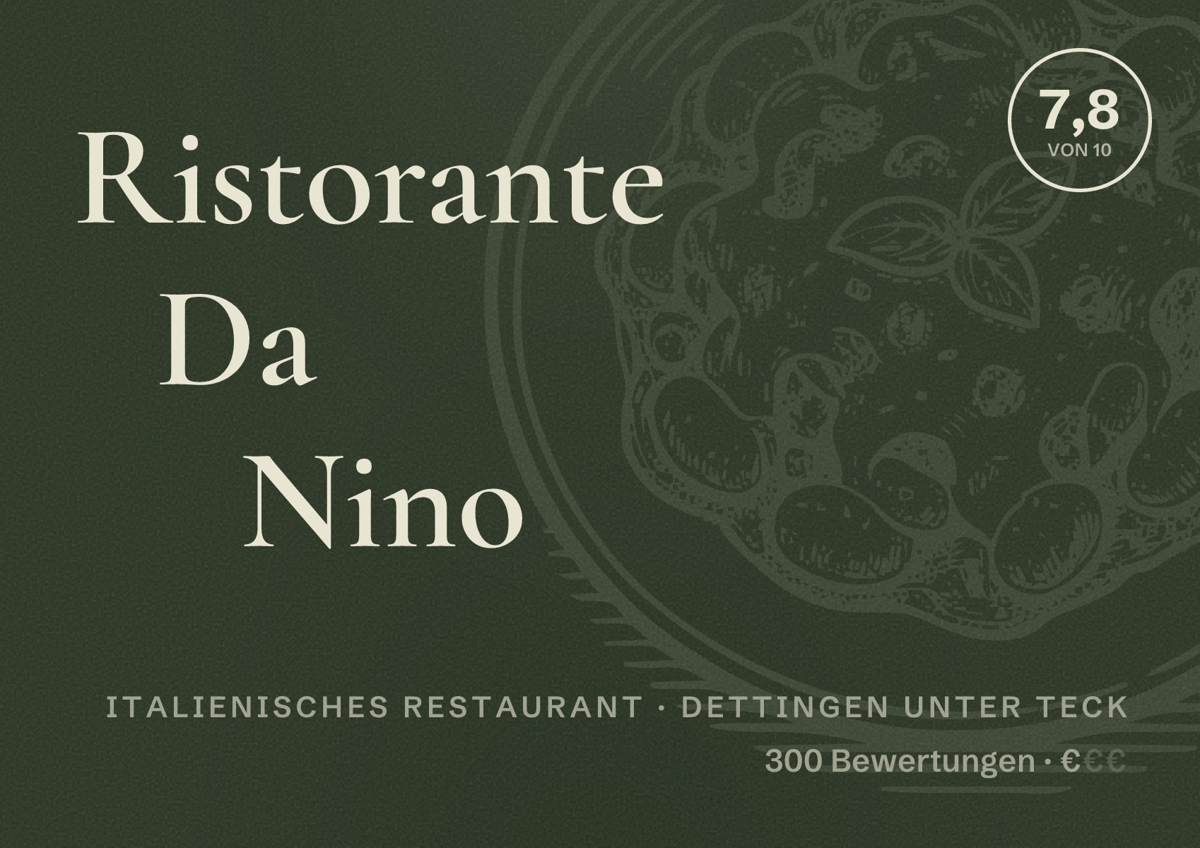 Illustriertes Poster von Ristorante Da Nino, Italienisches Restaurant in Dettingen unter Teck: Bewertung 7,8 von 10 aus 300 Bewertungen, Preisniveau €