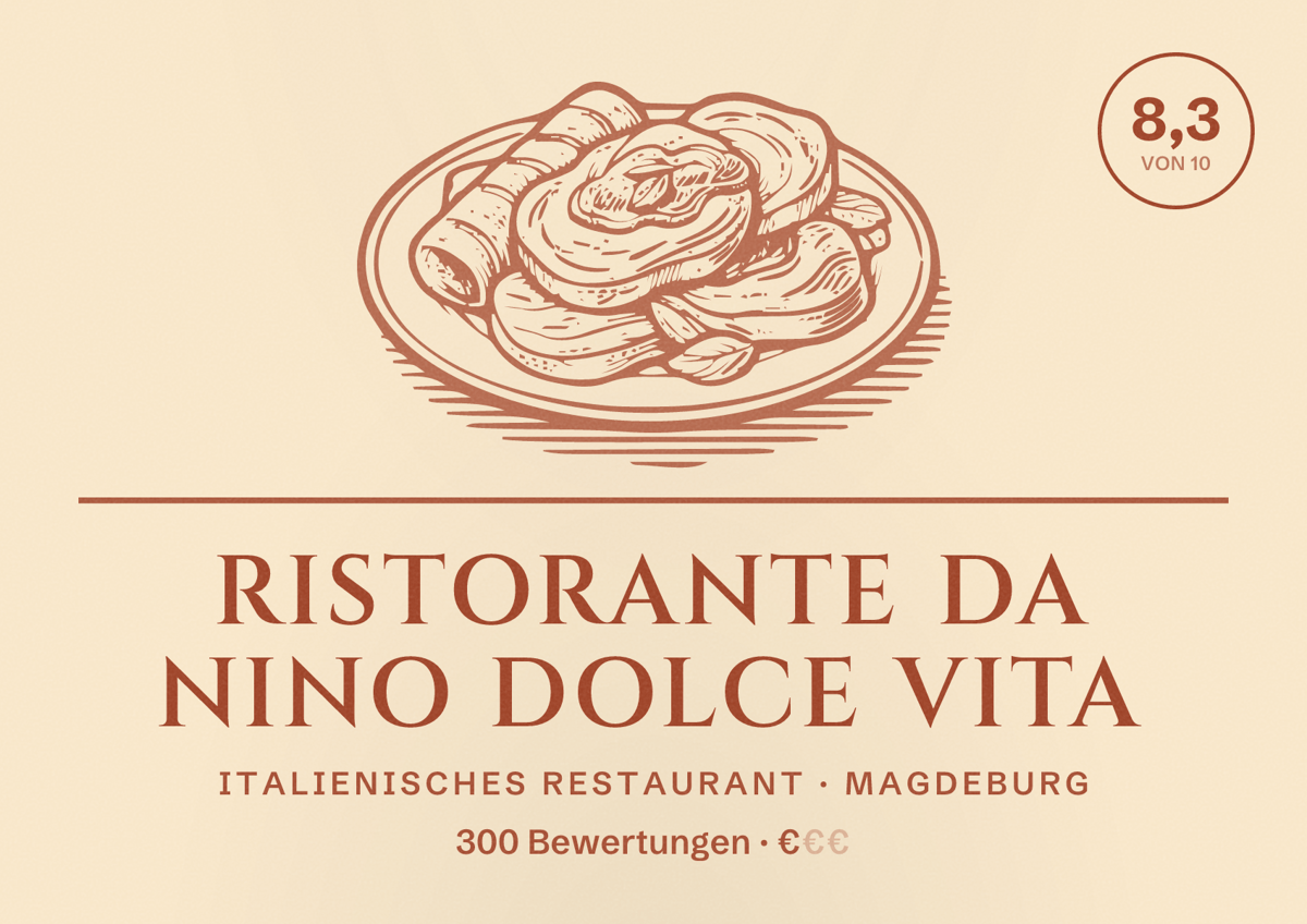 Illustriertes Poster von Ristorante Da Nino Dolce Vita, Italienisches Restaurant in Magdeburg: Bewertung 8,3 von 10 aus 300 Bewertungen, Preisniveau €