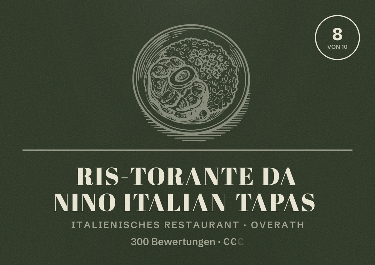 Illustriertes Poster von Ris­torante Da Nino Italian Tapas, Italienisches Restaurant in Overath: Bewertung 8 von 10 aus 300 Bewertungen, Preisniveau €€