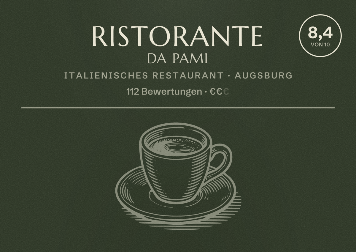 Illustriertes Poster von Ristorante Da Pami, Italienisches Restaurant in Augsburg: Bewertung 8,4 von 10 aus 112 Bewertungen, Preisniveau €€