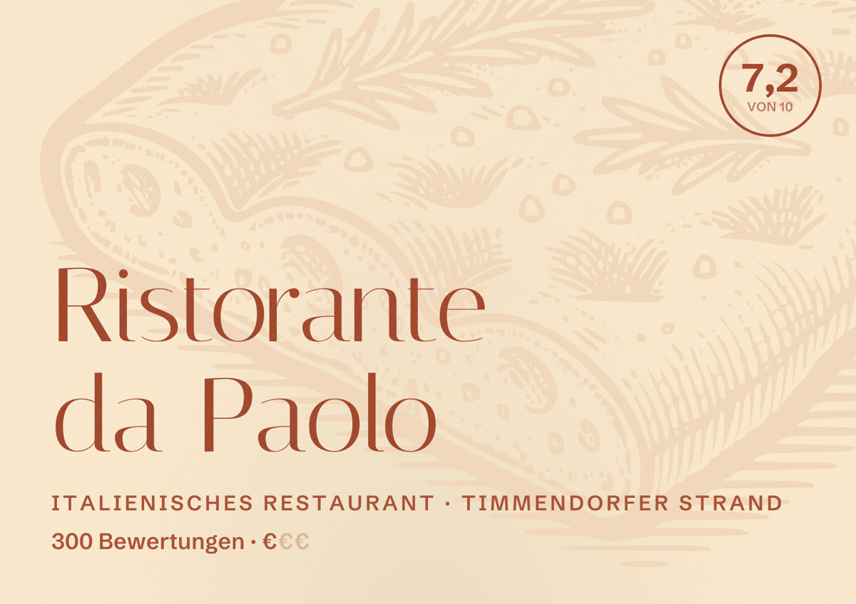 Illustriertes Poster von Ristorante da Paolo, Italienisches Restaurant in Timmendorfer Strand: Bewertung 7,2 von 10 aus 300 Bewertungen, Preisniveau €
