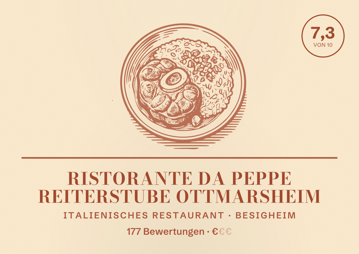 Illustriertes Poster von Ristorante Da Peppe Reiterstube Ottmarsheim, Italienisches Restaurant in Besigheim: Bewertung 7,3 von 10 aus 177 Bewertungen, Preisniveau €