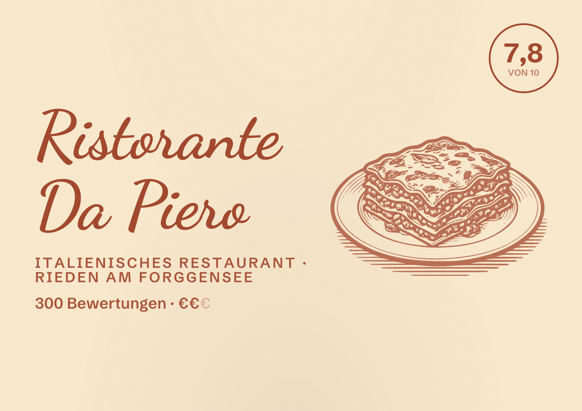Illustriertes Poster von Ristorante Da Piero, Italienisches Restaurant in Rieden am Forggensee: Bewertung 7,8 von 10 aus 300 Bewertungen, Preisniveau €€