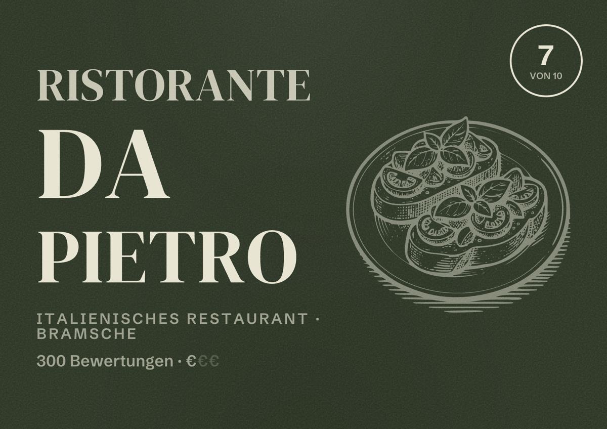 Illustriertes Poster von Ristorante da Pietro, Italienisches Restaurant in Bramsche: Bewertung 7 von 10 aus 300 Bewertungen, Preisniveau €