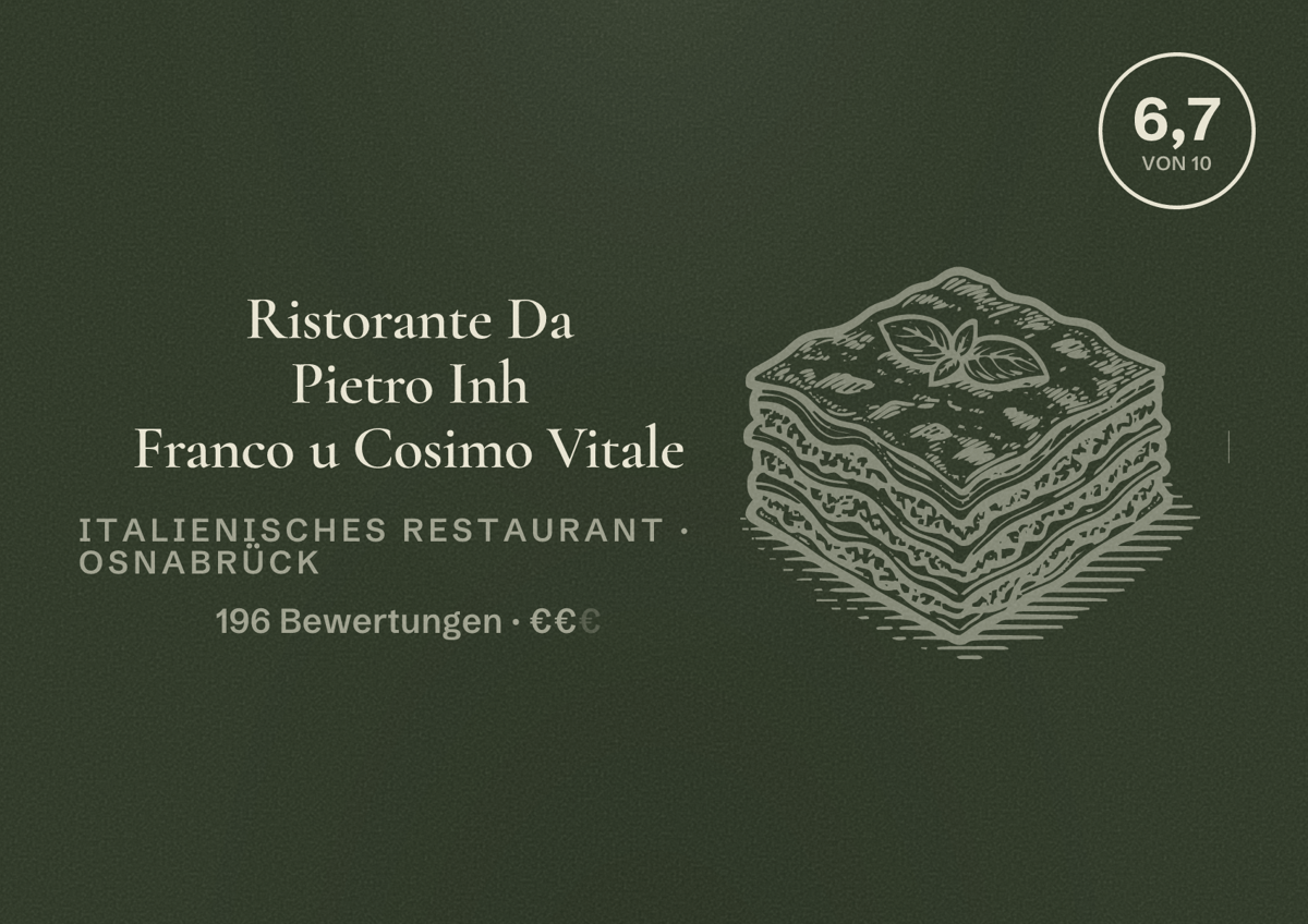 Illustriertes Poster von Ristorante Da Pietro Inh Franco u Cosimo Vitale, Italienisches Restaurant in Osnabrück: Bewertung 6,7 von 10 aus 196 Bewertungen, Preisniveau €€