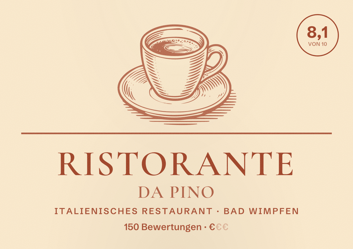 Illustriertes Poster von Ristorante Da Pino, Italienisches Restaurant in Bad Wimpfen: Bewertung 8,1 von 10 aus 150 Bewertungen, Preisniveau €