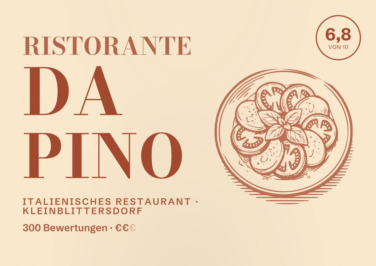 Illustriertes Poster von Ristorante Da Pino, Italienisches Restaurant in Kleinblittersdorf: Bewertung 6,8 von 10 aus 300 Bewertungen, Preisniveau €€