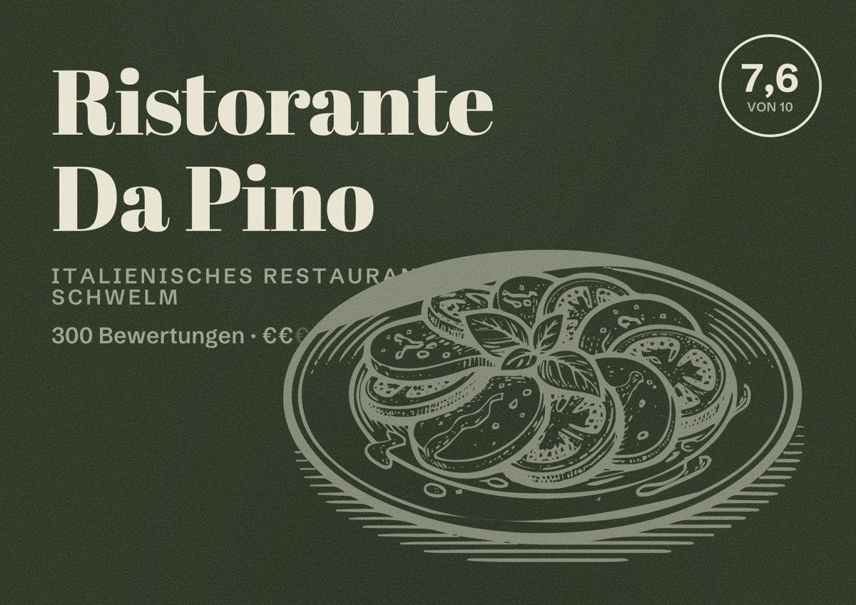 Illustriertes Poster von Ristorante Da Pino, Italienisches Restaurant in Schwelm: Bewertung 7,6 von 10 aus 300 Bewertungen, Preisniveau €€