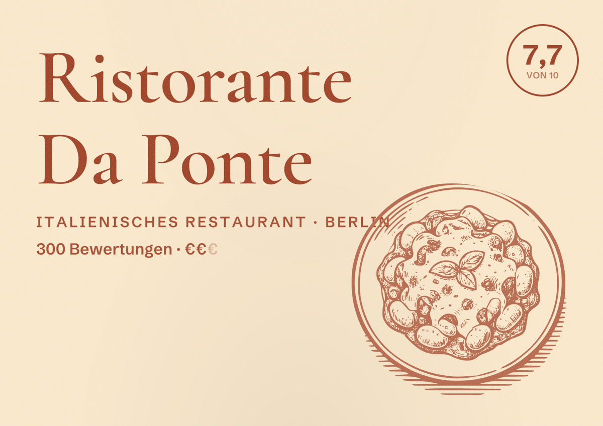 Illustriertes Poster von Ristorante Da Ponte, Italienisches Restaurant in Berlin: Bewertung 7,7 von 10 aus 300 Bewertungen, Preisniveau €€