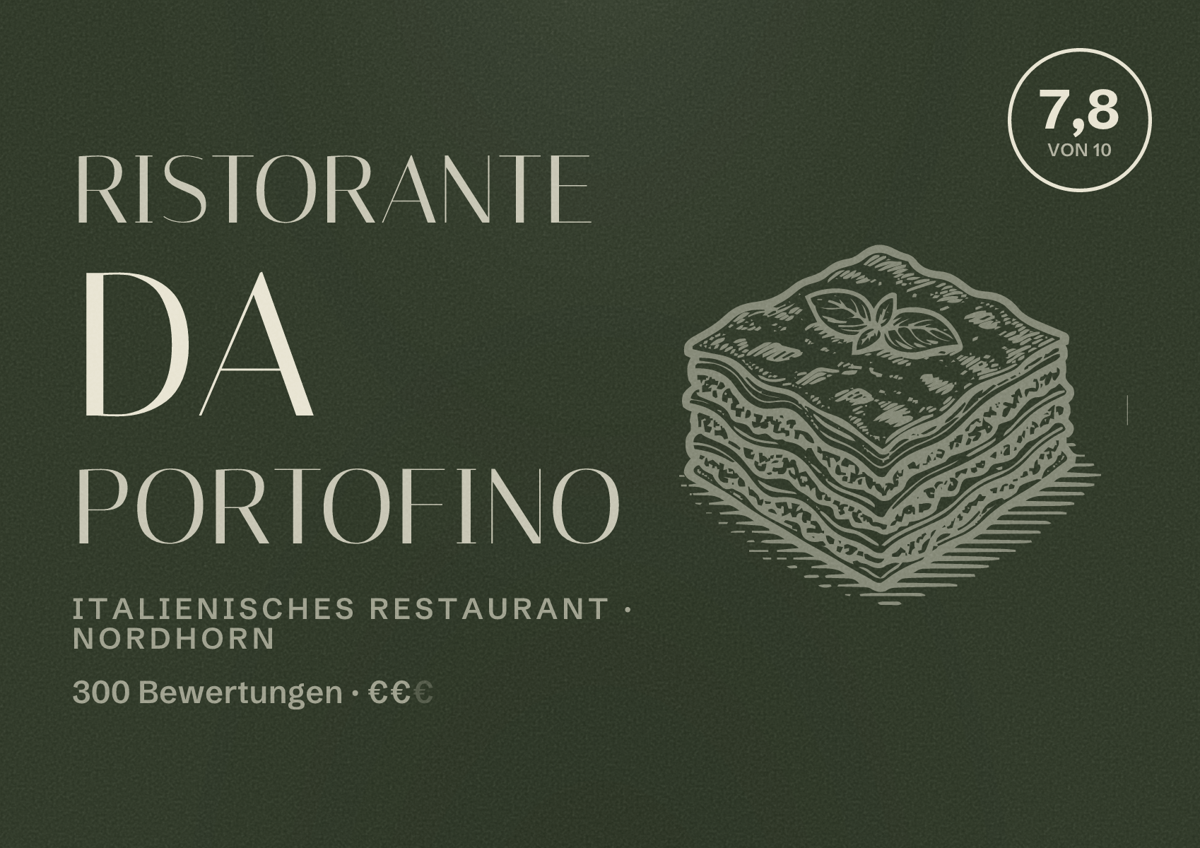 Illustriertes Poster von Ristorante da Portofino, Italienisches Restaurant in Nordhorn: Bewertung 7,8 von 10 aus 300 Bewertungen, Preisniveau €€