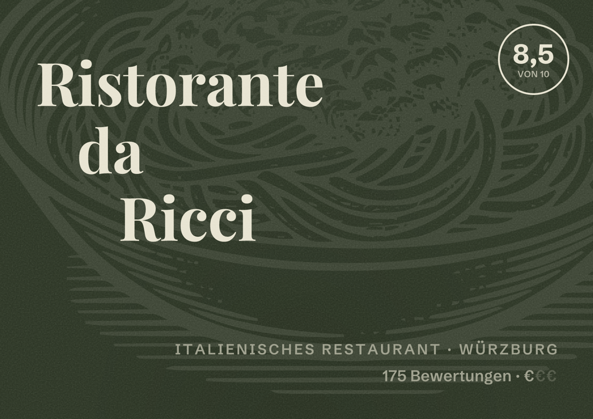 Illustriertes Poster von Ristorante da Ricci, Italienisches Restaurant in Würzburg: Bewertung 8,5 von 10 aus 175 Bewertungen, Preisniveau €