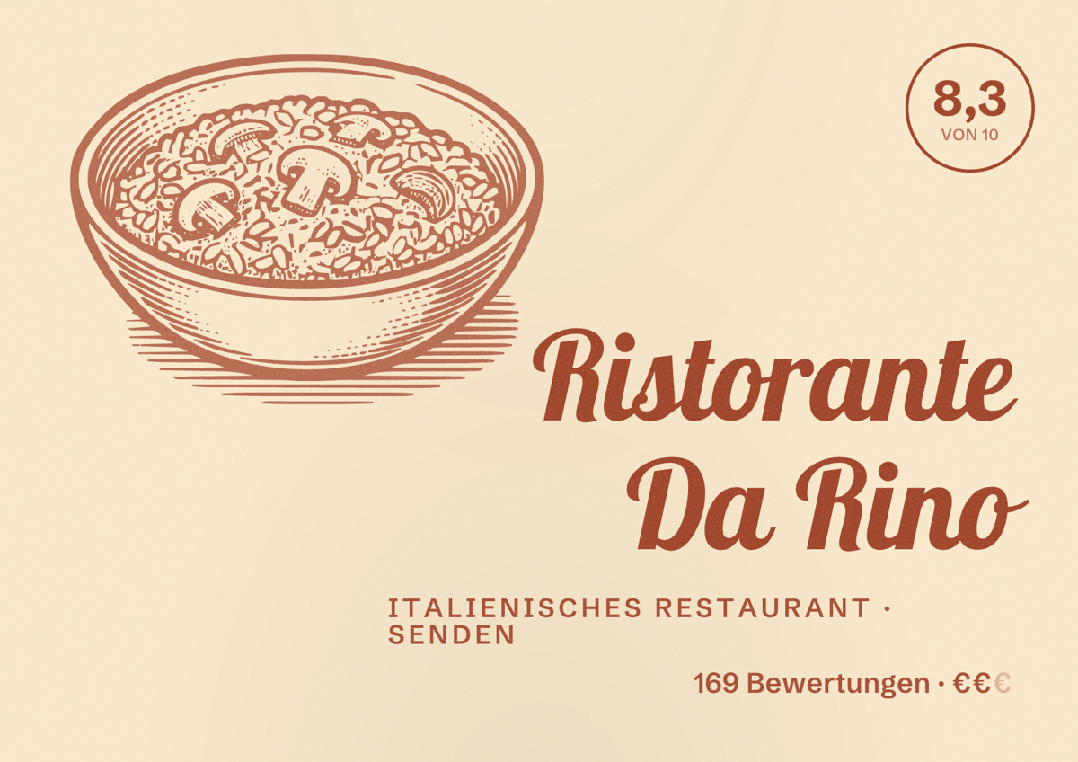 Illustriertes Poster von Ristorante Da Rino, Italienisches Restaurant in Senden: Bewertung 8,3 von 10 aus 169 Bewertungen, Preisniveau €€