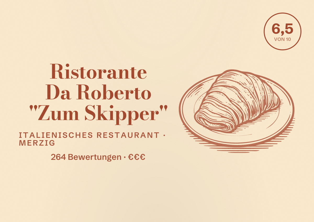 Illustriertes Poster von Ristorante Da Roberto "Zum Skipper", Italienisches Restaurant in Merzig: Bewertung 6,5 von 10 aus 264 Bewertungen, Preisniveau €€€