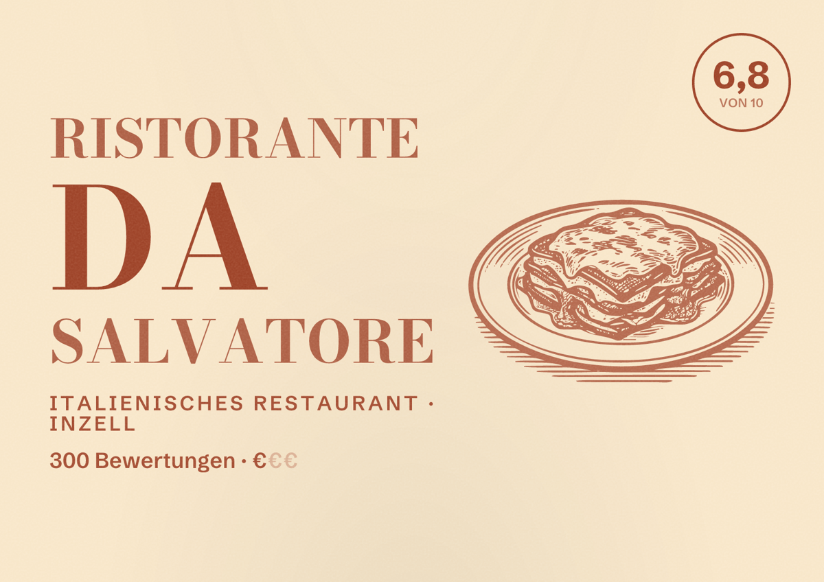 Illustriertes Poster von Ristorante Da Salvatore, Italienisches Restaurant in Inzell: Bewertung 6,8 von 10 aus 300 Bewertungen, Preisniveau €