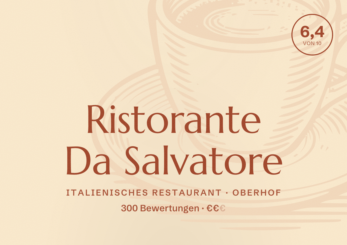 Illustriertes Poster von Ristorante Da Salvatore, Italienisches Restaurant in Oberhof: Bewertung 6,4 von 10 aus 300 Bewertungen, Preisniveau €€