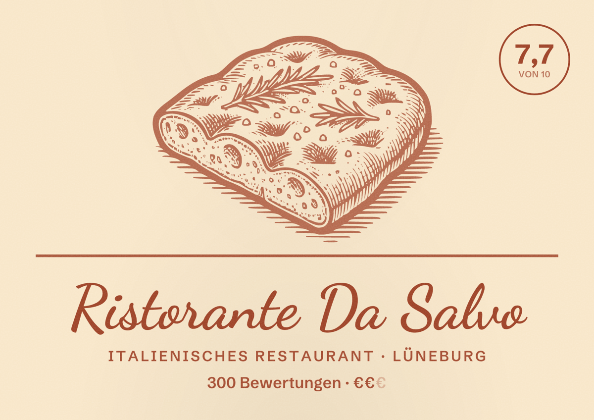 Illustriertes Poster von Ristorante Da Salvo, Italienisches Restaurant in Lüneburg: Bewertung 7,7 von 10 aus 300 Bewertungen, Preisniveau €€