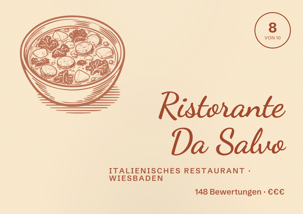 Illustriertes Poster von Ristorante Da Salvo, Italienisches Restaurant in Wiesbaden: Bewertung 8,0 von 10 aus 148 Bewertungen, Preisniveau €€€