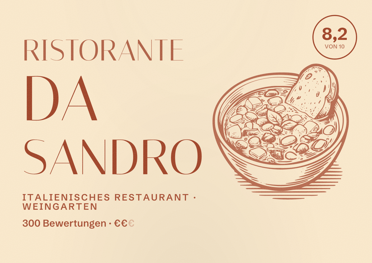 Illustriertes Poster von Ristorante Da Sandro, Italienisches Restaurant in Weingarten: Bewertung 8,2 von 10 aus 300 Bewertungen, Preisniveau €€