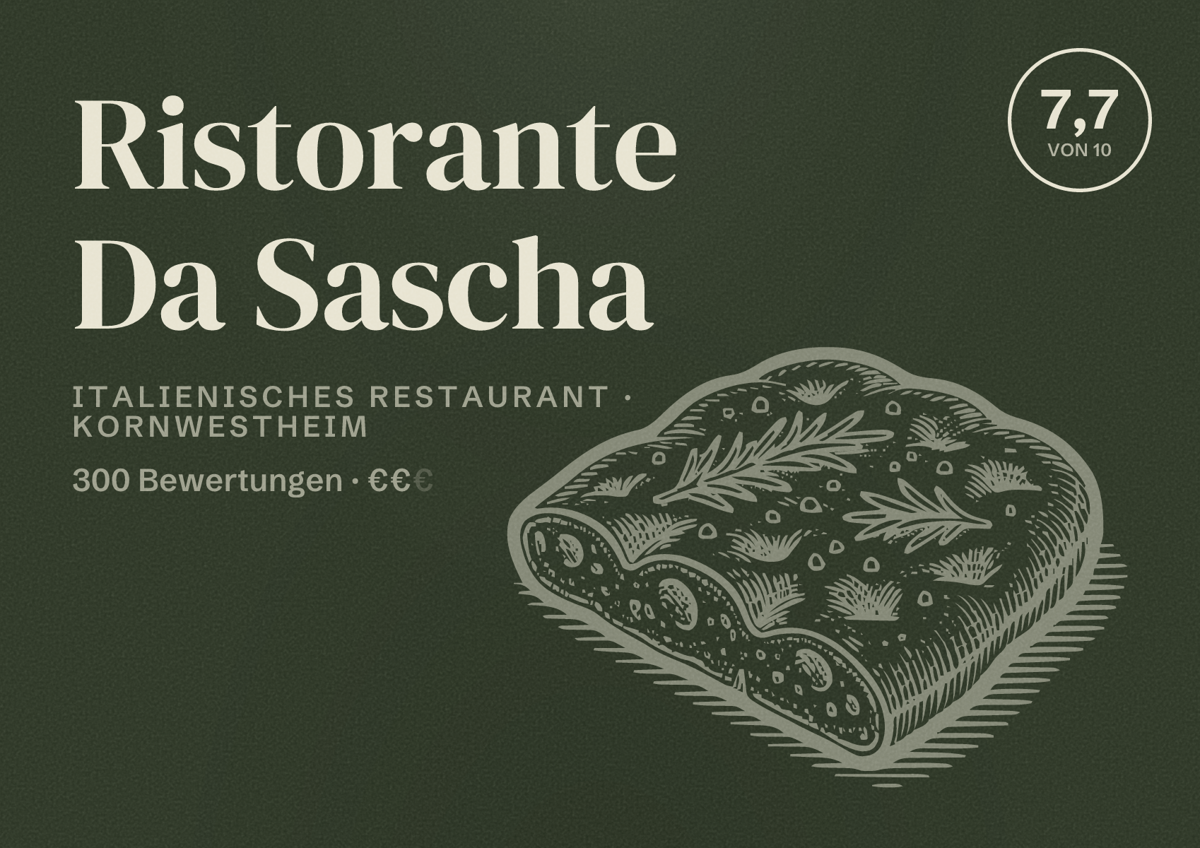 Illustriertes Poster von Ristorante Da Sascha, Italienisches Restaurant in Kornwestheim: Bewertung 7,7 von 10 aus 300 Bewertungen, Preisniveau €€