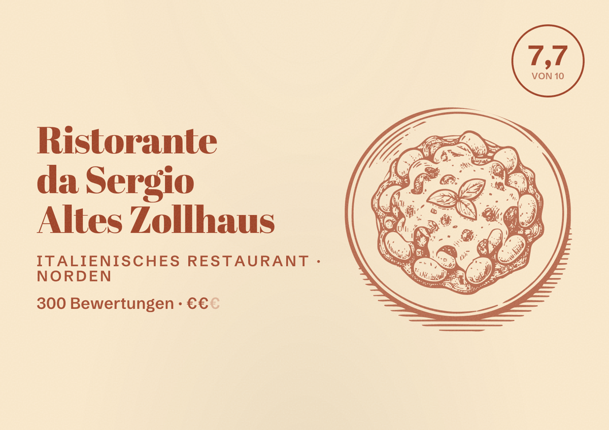 Illustriertes Poster von Ristorante da Sergio Altes Zollhaus, Italienisches Restaurant in Norden: Bewertung 7,7 von 10 aus 300 Bewertungen, Preisniveau €€