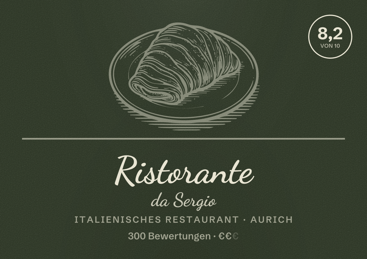 Illustriertes Poster von Ristorante da Sergio, Italienisches Restaurant in Aurich: Bewertung 8,2 von 10 aus 300 Bewertungen, Preisniveau €€