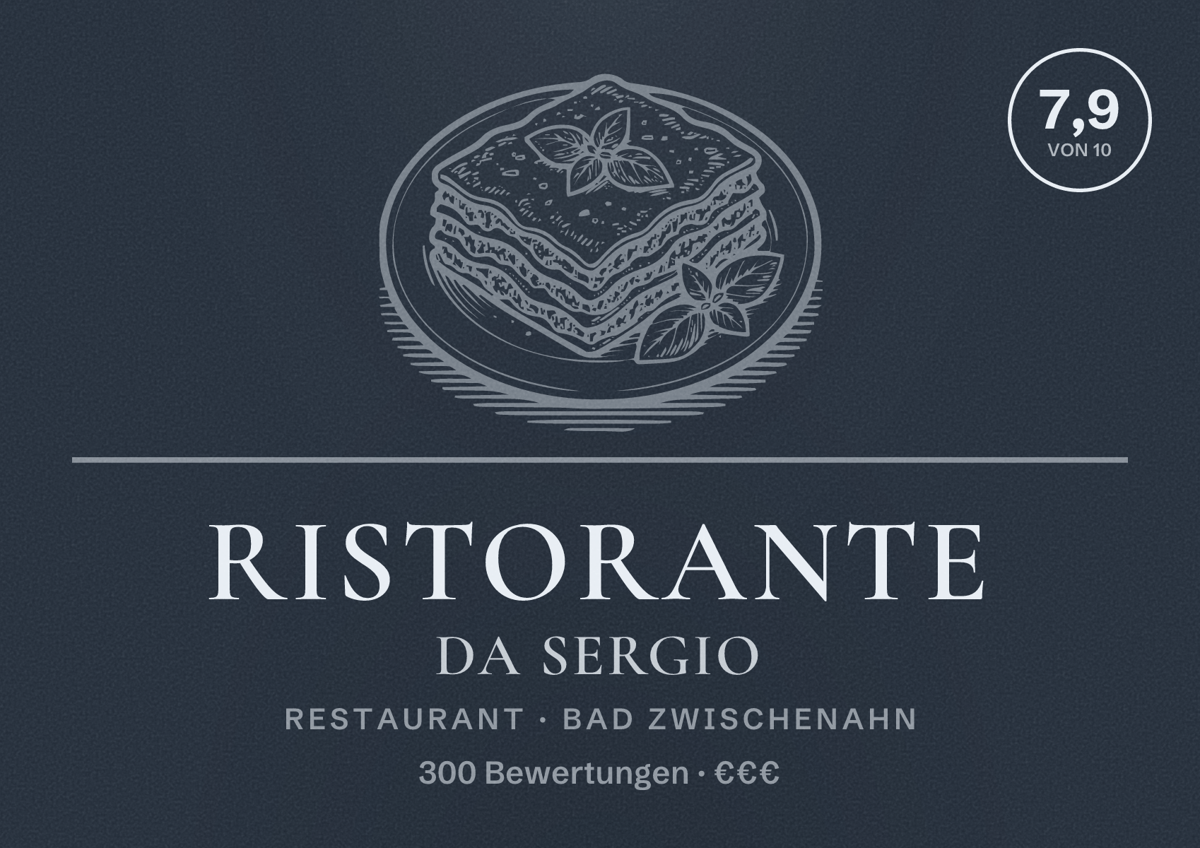 Illustriertes Poster von Ristorante da Sergio, Restaurant in Bad Zwischenahn: Bewertung 7,9 von 10 aus 300 Bewertungen, Preisniveau €€€