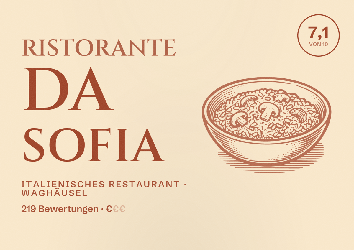 Illustriertes Poster von Ristorante Da Sofia, Italienisches Restaurant in Waghäusel: Bewertung 7,1 von 10 aus 219 Bewertungen, Preisniveau €