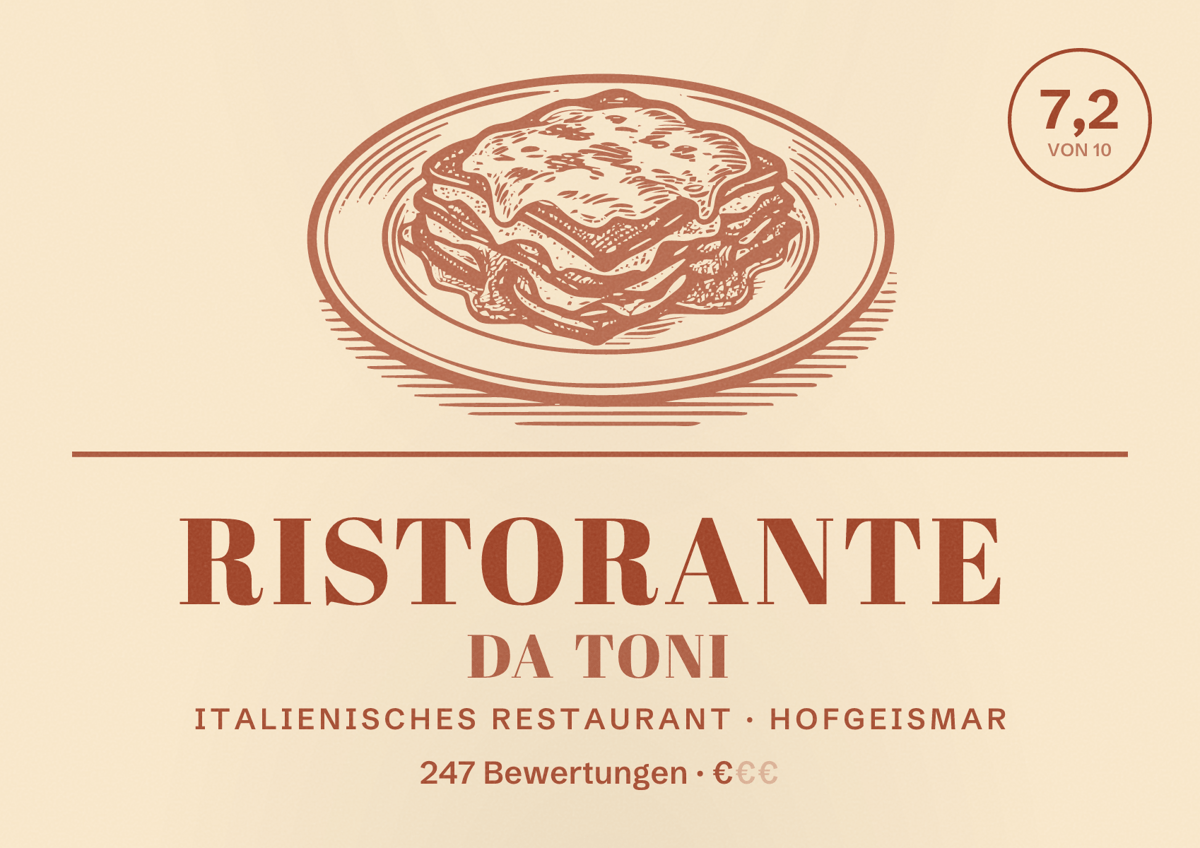 Illustriertes Poster von Ristorante Da Toni, Italienisches Restaurant in Hofgeismar: Bewertung 7,2 von 10 aus 247 Bewertungen, Preisniveau €