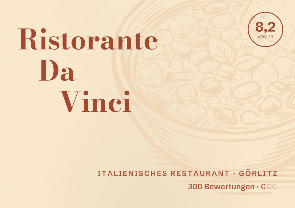Illustriertes Poster von Ristorante Da Vinci, Italienisches Restaurant in Görlitz: Bewertung 8,2 von 10 aus 300 Bewertungen, Preisniveau €