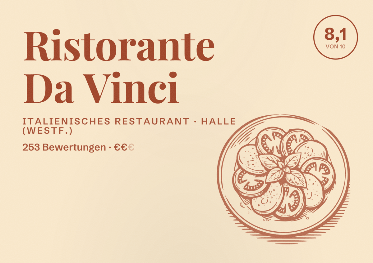 Illustriertes Poster von Ristorante Da Vinci, Italienisches Restaurant in Halle (Westf.): Bewertung 8,1 von 10 aus 253 Bewertungen, Preisniveau €€