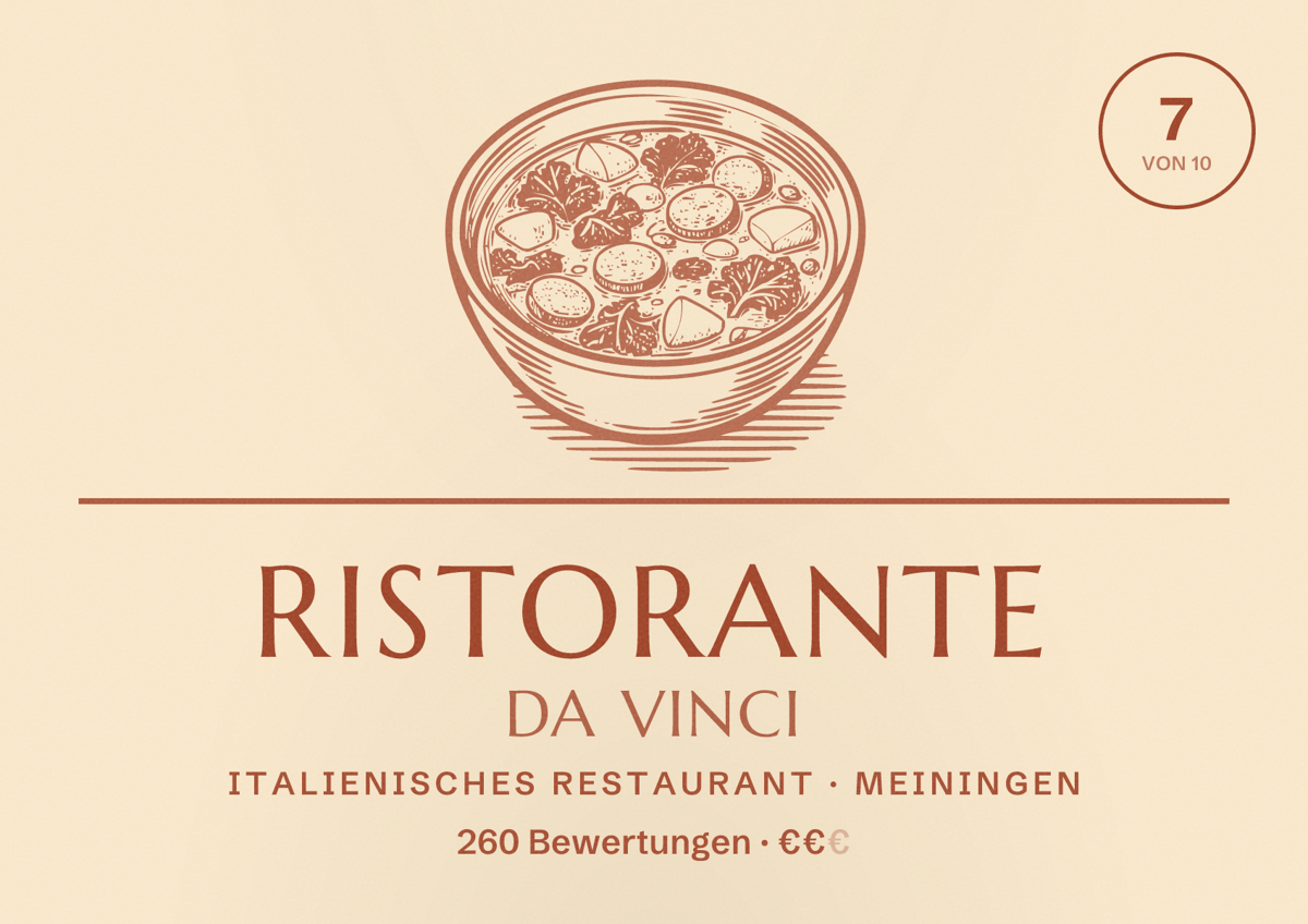 Illustriertes Poster von Ristorante Da Vinci, Italienisches Restaurant in Meiningen: Bewertung 7 von 10 aus 260 Bewertungen, Preisniveau €€