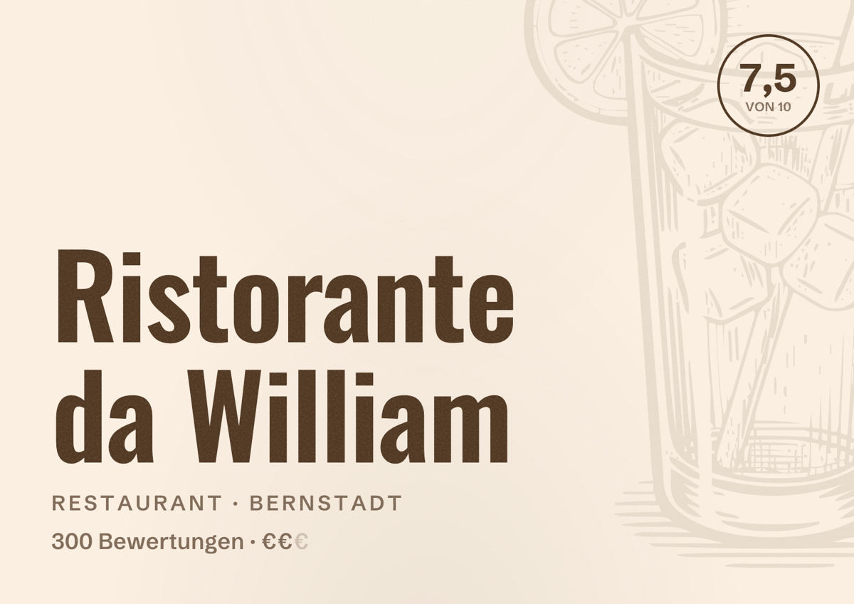Illustriertes Poster von Ristorante da William, Restaurant in Bernstadt: Bewertung 7,5 von 10 aus 300 Bewertungen, Preisniveau €€