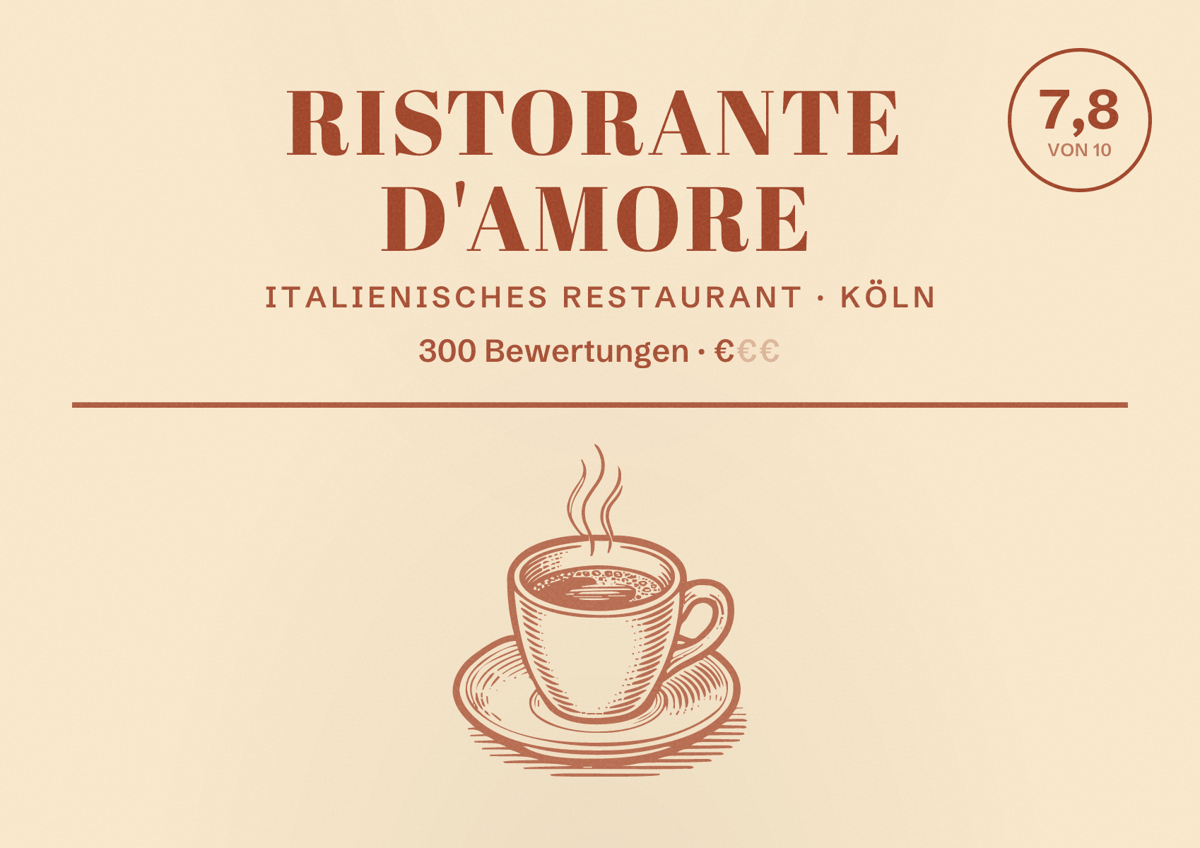 Illustriertes Poster von Ristorante D'amore, Italienisches Restaurant in Köln: Bewertung 7,8 von 10 aus 300 Bewertungen, Preisniveau €