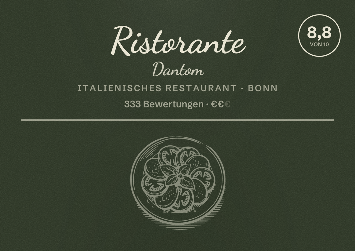 Illustriertes Poster von Ristorante Dantom, Italienisches Restaurant in Bonn: Bewertung 8,8 von 10 aus 333 Bewertungen, Preisniveau €€