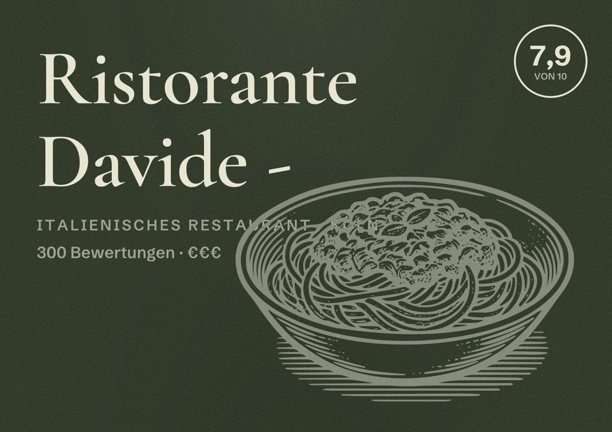 Illustriertes Poster von Ristorante Davide -, Italienisches Restaurant in Köln: Bewertung 7,9 von 10 aus 300 Bewertungen, Preisniveau €€€