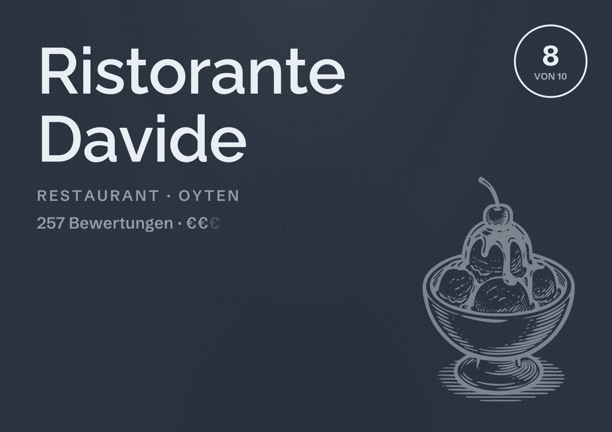 Illustriertes Poster von Ristorante Davide, Restaurant in Oyten: Bewertung 8 von 10 aus 257 Bewertungen, Preisniveau €€