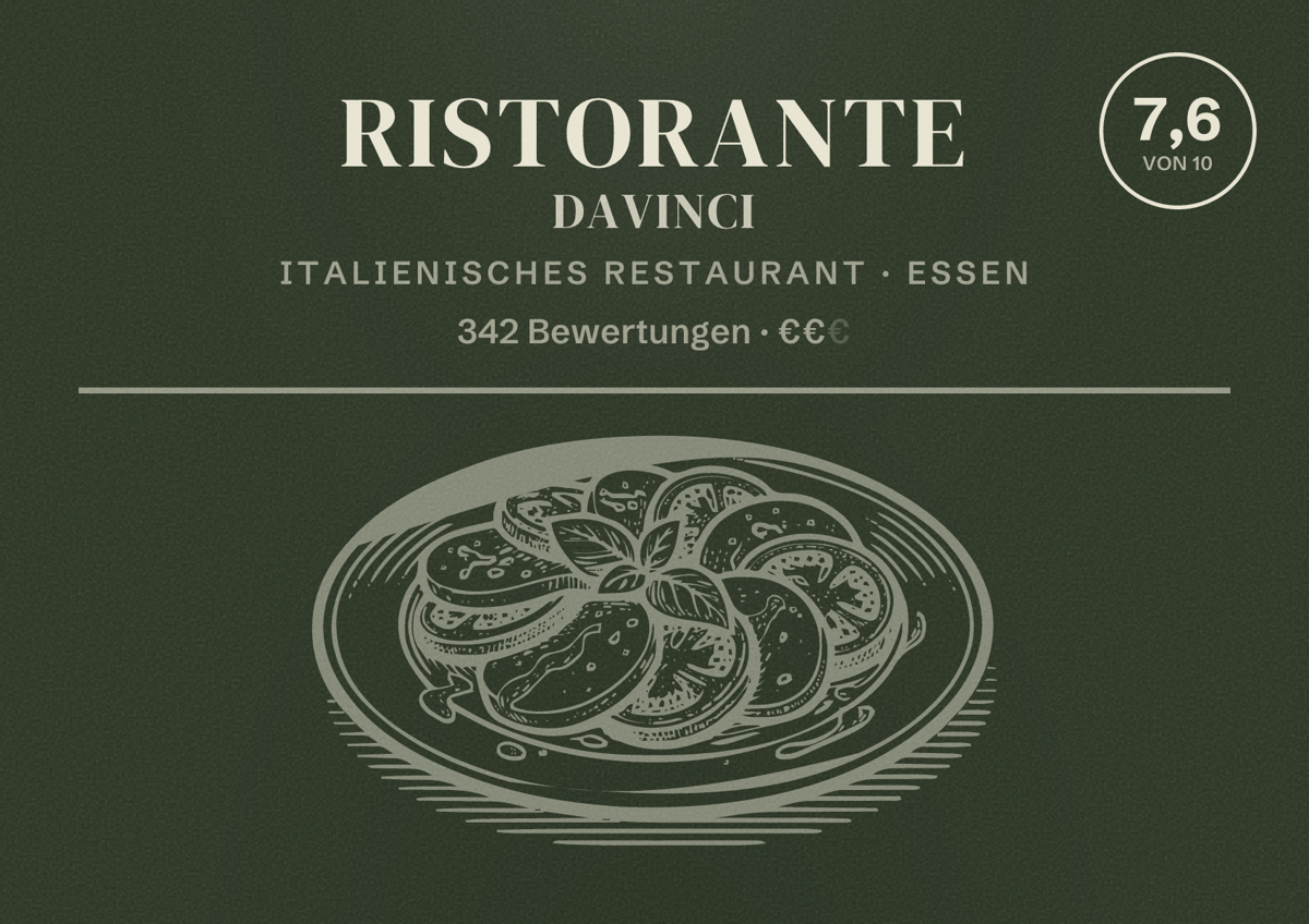 Illustriertes Poster von Ristorante DaVinci, Italienisches Restaurant in Essen: Bewertung 7,6 von 10 aus 342 Bewertungen, Preisniveau €€