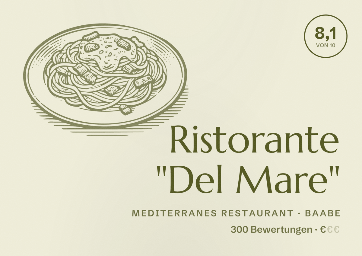 Illustriertes Poster von Ristorante "Del Mare", Mediterranes Restaurant in Baabe: Bewertung 8,1 von 10 aus 300 Bewertungen, Preisniveau €