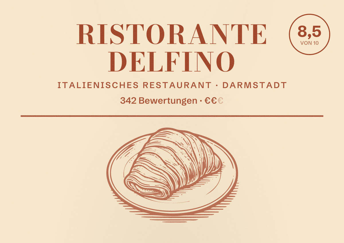 Illustriertes Poster von Ristorante Delfino, Italienisches Restaurant in Darmstadt: Bewertung 8,5 von 10 aus 342 Bewertungen, Preisniveau €€