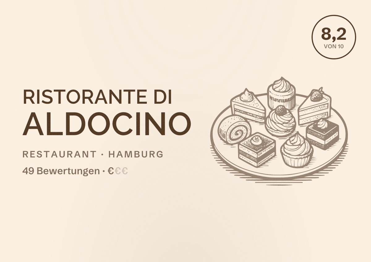 Illustriertes Poster von Ristorante di Aldocino, Restaurant in Hamburg: Bewertung 8,2 von 10 aus 49 Bewertungen, Preisniveau €
