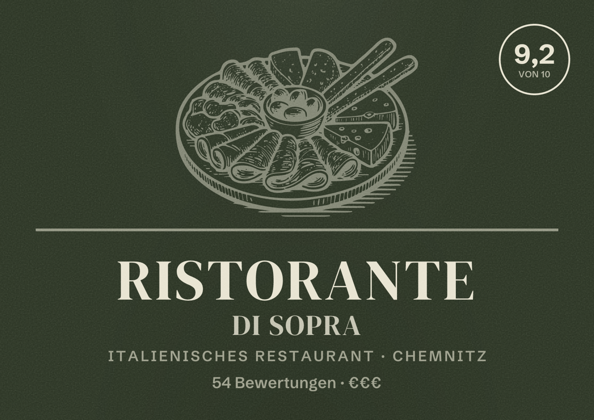 Illustriertes Poster von Ristorante Di Sopra, Italienisches Restaurant in Chemnitz: Bewertung 9,2 von 10 aus 54 Bewertungen, Preisniveau €€€