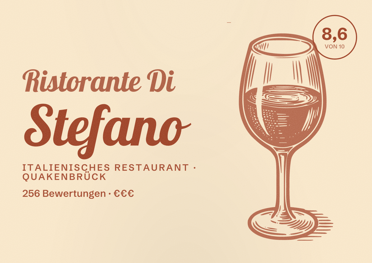 Illustriertes Poster von Ristorante Di Stefano, Italienisches Restaurant in Quakenbrück: Bewertung 8,6 von 10 aus 256 Bewertungen, Preisniveau €€€