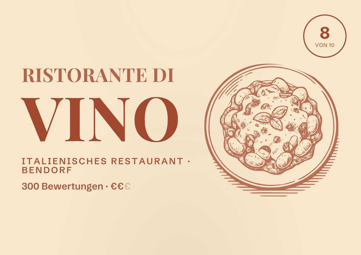 Illustriertes Poster von Ristorante Di Vino, Italienisches Restaurant in Bendorf: Bewertung 8 von 10 aus 300 Bewertungen, Preisniveau €€