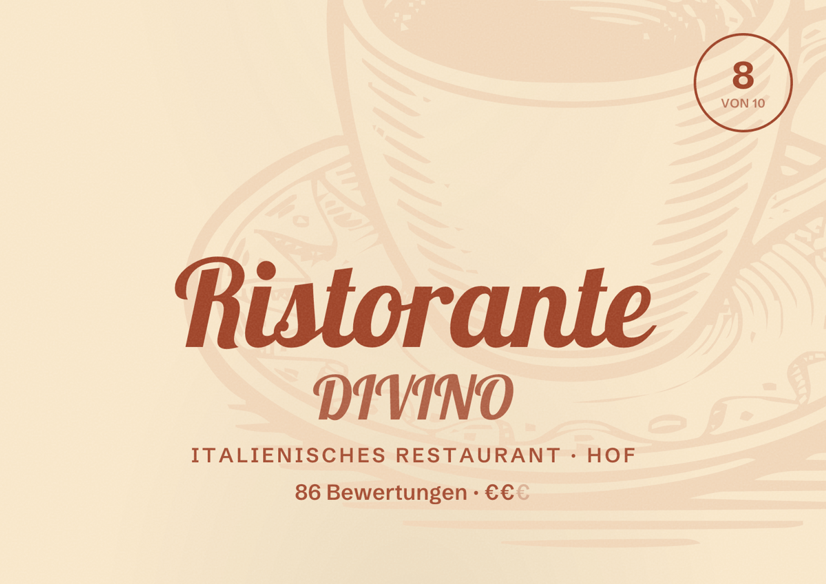 Illustriertes Poster von Ristorante DIVINO, Italienisches Restaurant in Hof: Bewertung 8 von 10 aus 86 Bewertungen, Preisniveau €€