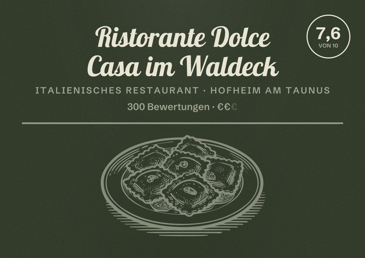 Illustriertes Poster von Ristorante Dolce Casa im Waldeck, Italienisches Restaurant in Hofheim am Taunus: Bewertung 7,6 von 10 aus 300 Bewertungen, Preisniveau €€