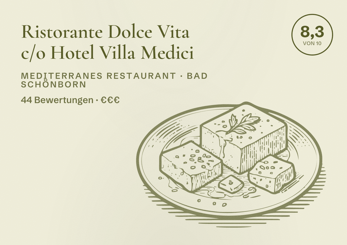Illustriertes Poster von Ristorante Dolce Vita c/o Hotel Villa Medici, Mediterranes Restaurant in Bad Schönborn: Bewertung 8,3 von 10 aus 44 Bewertungen, Preisniveau €€€