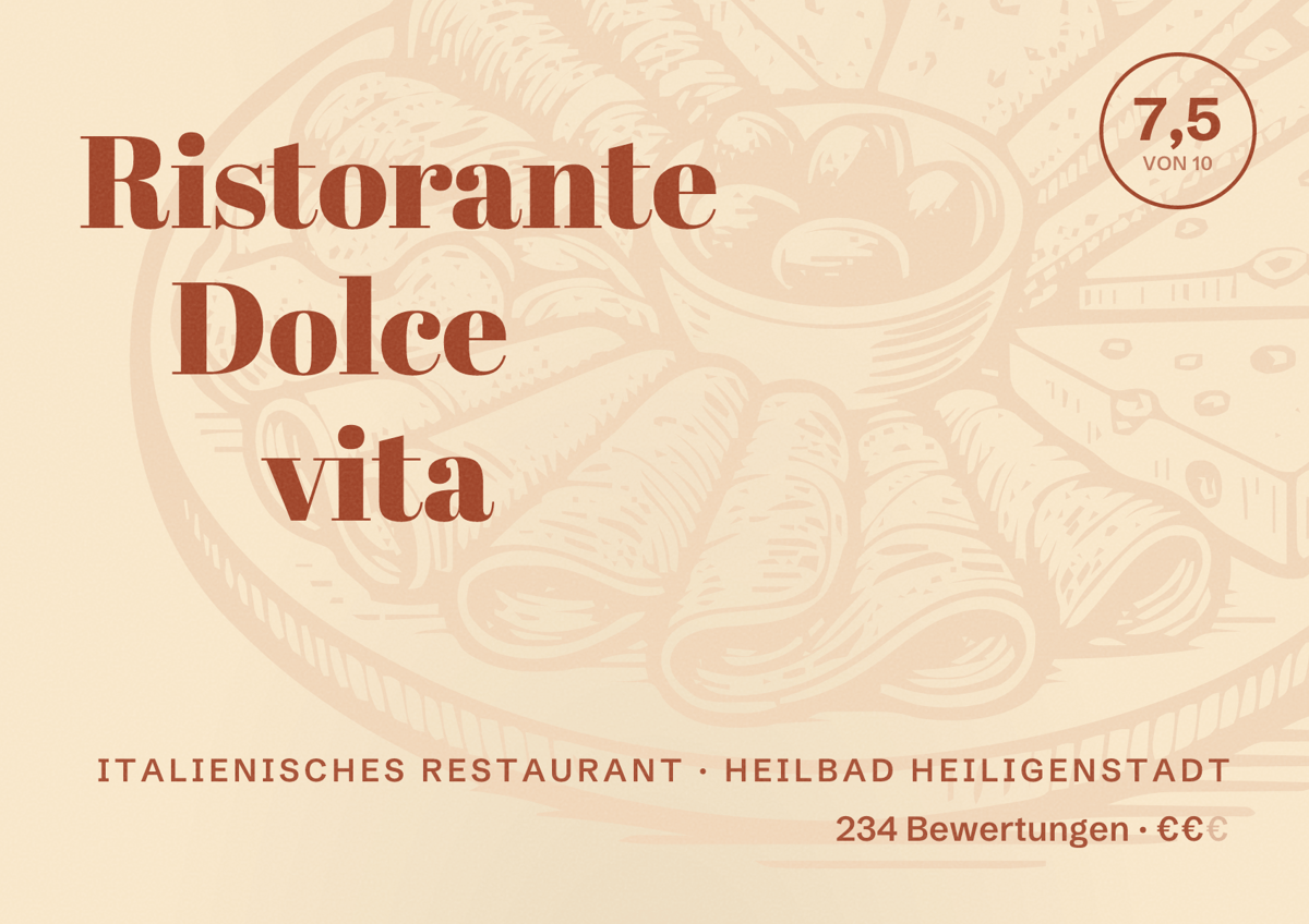 Illustriertes Poster von Ristorante Dolce vita, Italienisches Restaurant in Heilbad Heiligenstadt: Bewertung 7,5 von 10 aus 234 Bewertungen, Preisniveau €€
