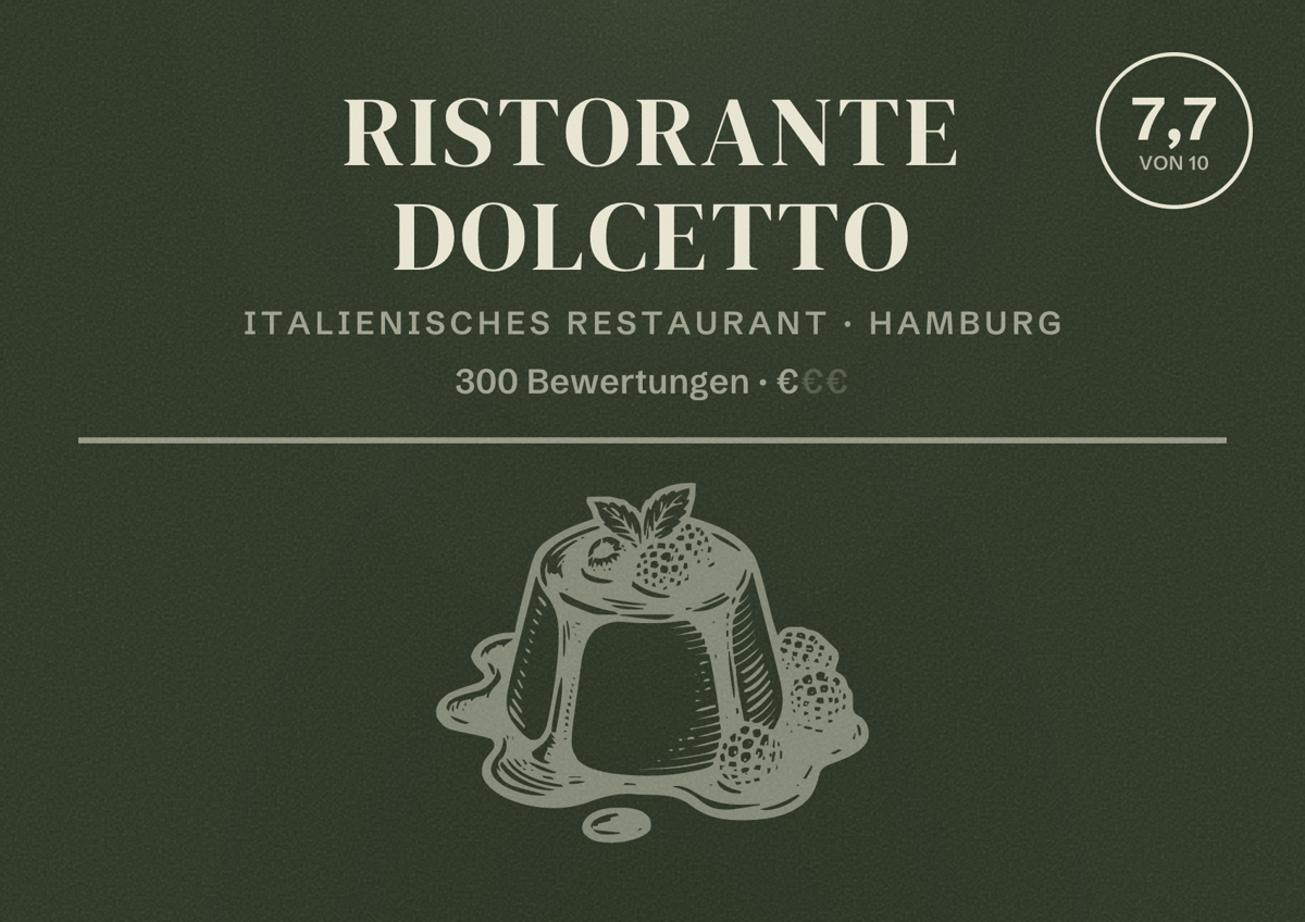 Illustriertes Poster von Ristorante Dolcetto, Italienisches Restaurant in Hamburg: Bewertung 7,7 von 10 aus 300 Bewertungen, Preisniveau €