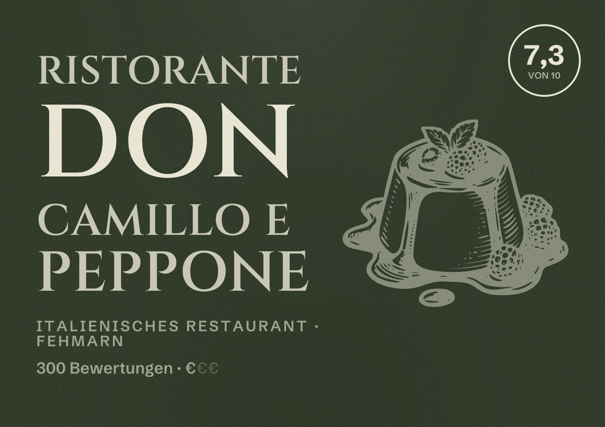 Illustriertes Poster von Ristorante Don Camillo e Peppone, Italienisches Restaurant in Fehmarn: Bewertung 7,3 von 10 aus 300 Bewertungen, Preisniveau €